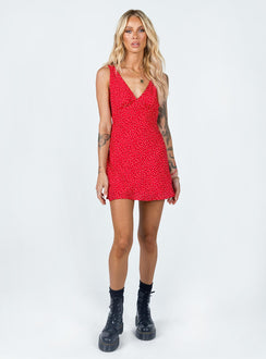 front view of model wearing Princess Polly Nellie Mini Dress Red Floral V-Neck 