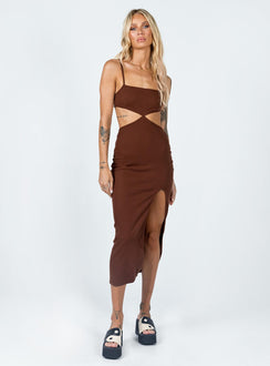 front view of model wearing Princess Polly Elliot Midi Dress Brown 