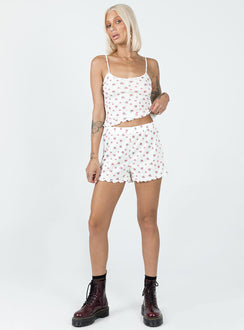 Matching set Floral print  Crop top Adjustable shoulder straps  Shorts  Elasticated waistband  Lettuce edge hem  Good stretch 