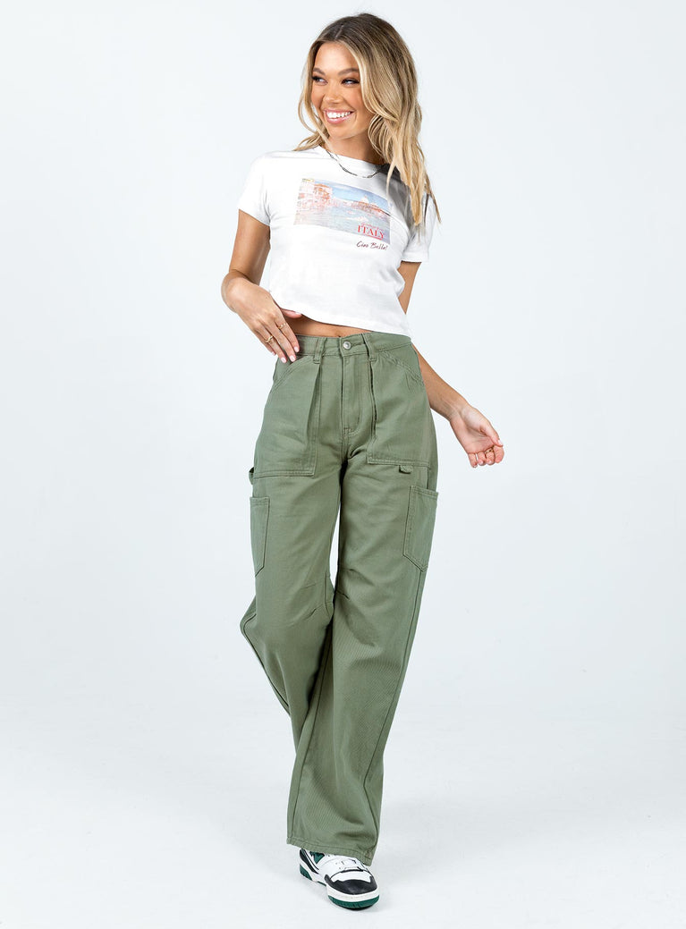 Front view of model wearing  front Princess Polly High Waisted  Bassett Cargo Jeans Khaki