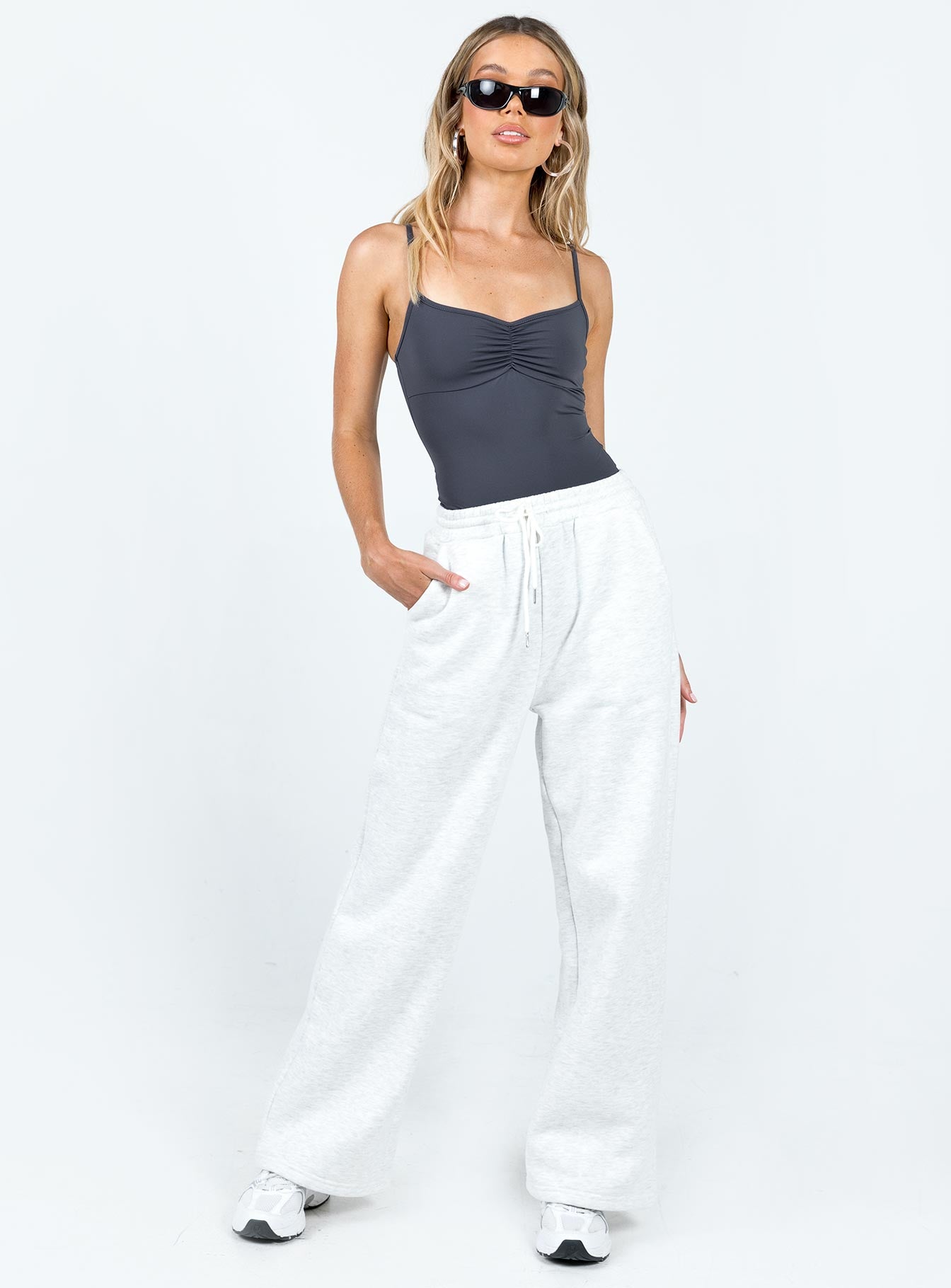 side view of model wearing Princess Polly Linden Bodysuit Slate Sleeveless 