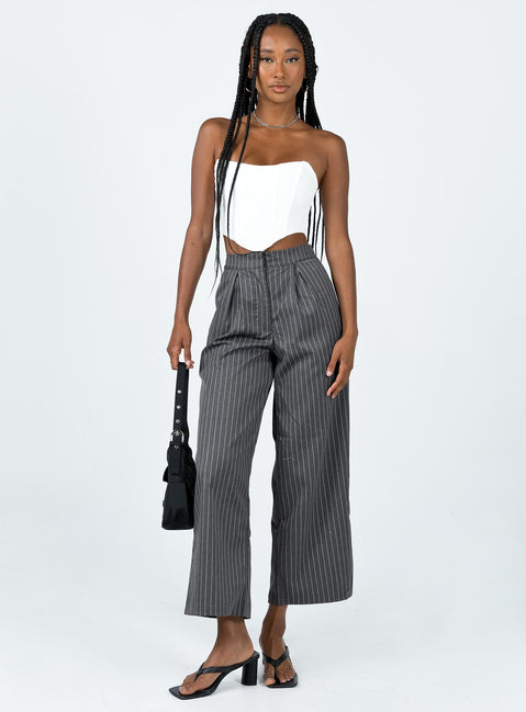 Front view of model wearing  front Princess Polly High Waisted Pants  Montez Pants Grey Pinstripe