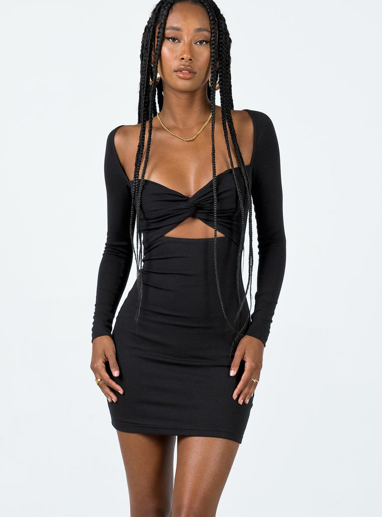 Front view of model wearing  front Princess Polly Asymmetric Neckline  Lennel Mini Dress Black