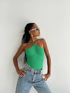 front view of model wearing Princess Polly Niles Bodysuit Green Sleeveless Asymmetric Neckline 