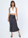   front view of model wearing Princess Polly Tyra Satin Midi Skirt Black 