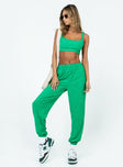 Green matching set Terry towelling material Crop top Invisible zip fastening at side Pants Elasticated waistband & cuffs