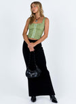 Green top Lace material Square neckline Hook and eye fastening at front Good stretch Mesh lining