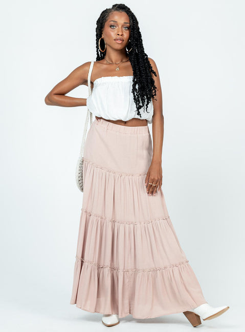   front view of model wearing Princess Polly Miriah Maxi Skirt Beige Maxi 