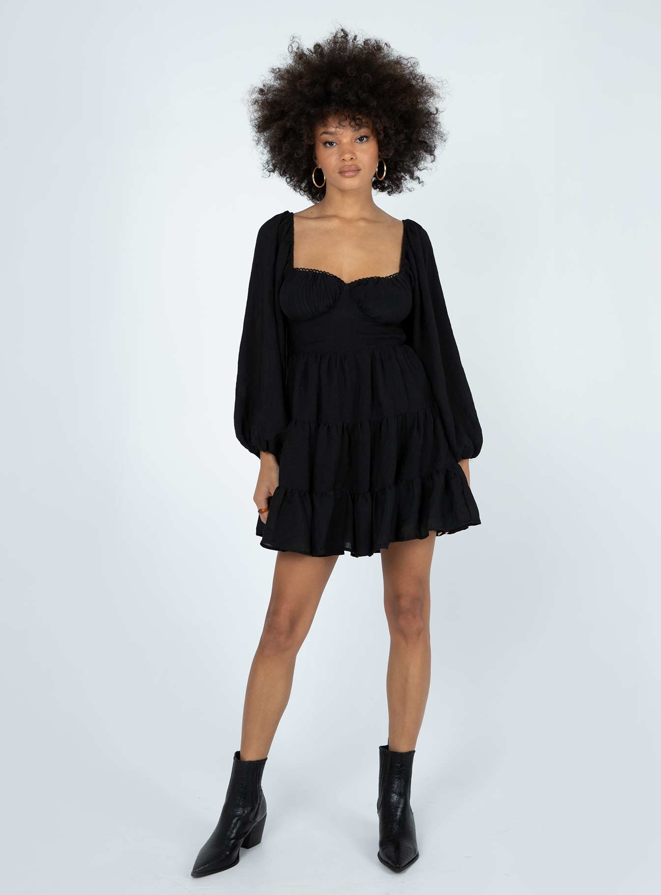 front view of model wearing Princess Polly Danny Long Sleeve Mini Dress Black Sweetheart Neckline 