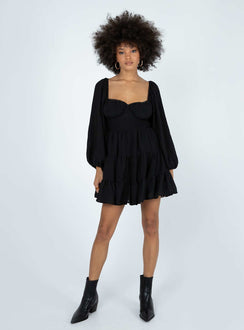 front view of model wearing Princess Polly Danny Long Sleeve Mini Dress Black Sweetheart Neckline 