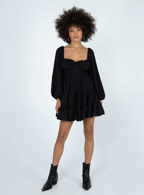 front view of model wearing Princess Polly Danny Long Sleeve Mini Dress Black Sweetheart Neckline 