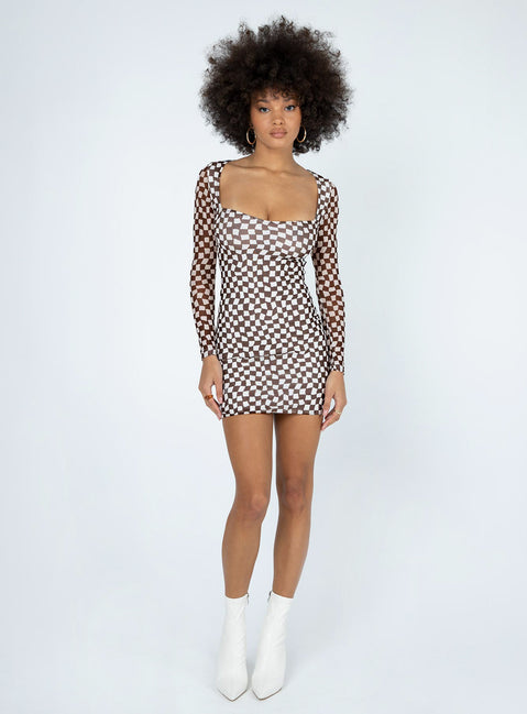 front view of model wearing Princess Polly Marcus Mini Dress Brown / White 