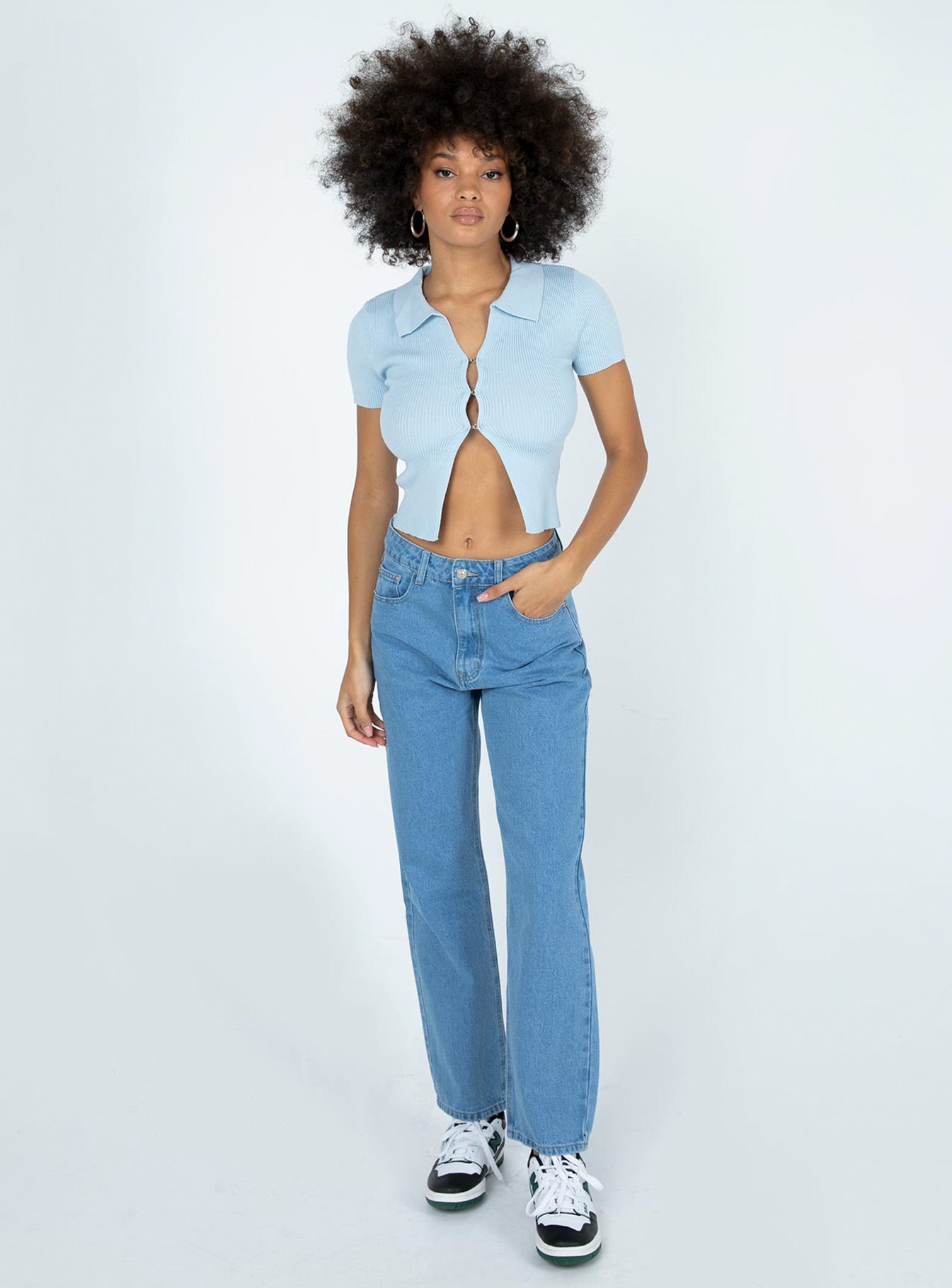 front view of model wearing Princess Polly Clayton Top Blue 