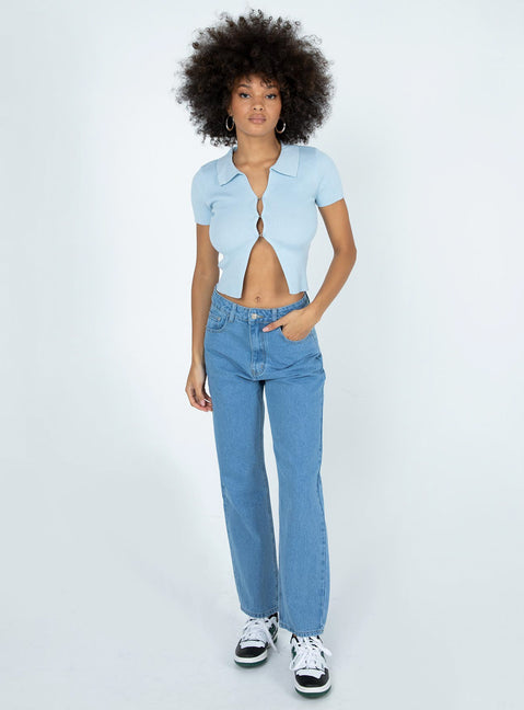 front view of model wearing Princess Polly Clayton Top Blue 