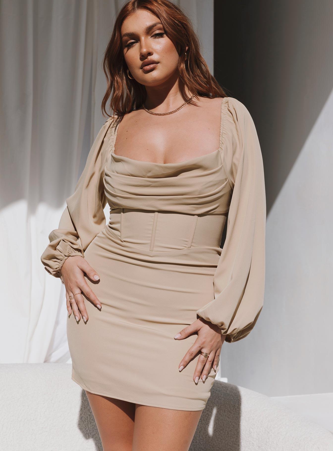 product Princess Polly High Neck  Lillie Long Sleeve Mini Dress Beige