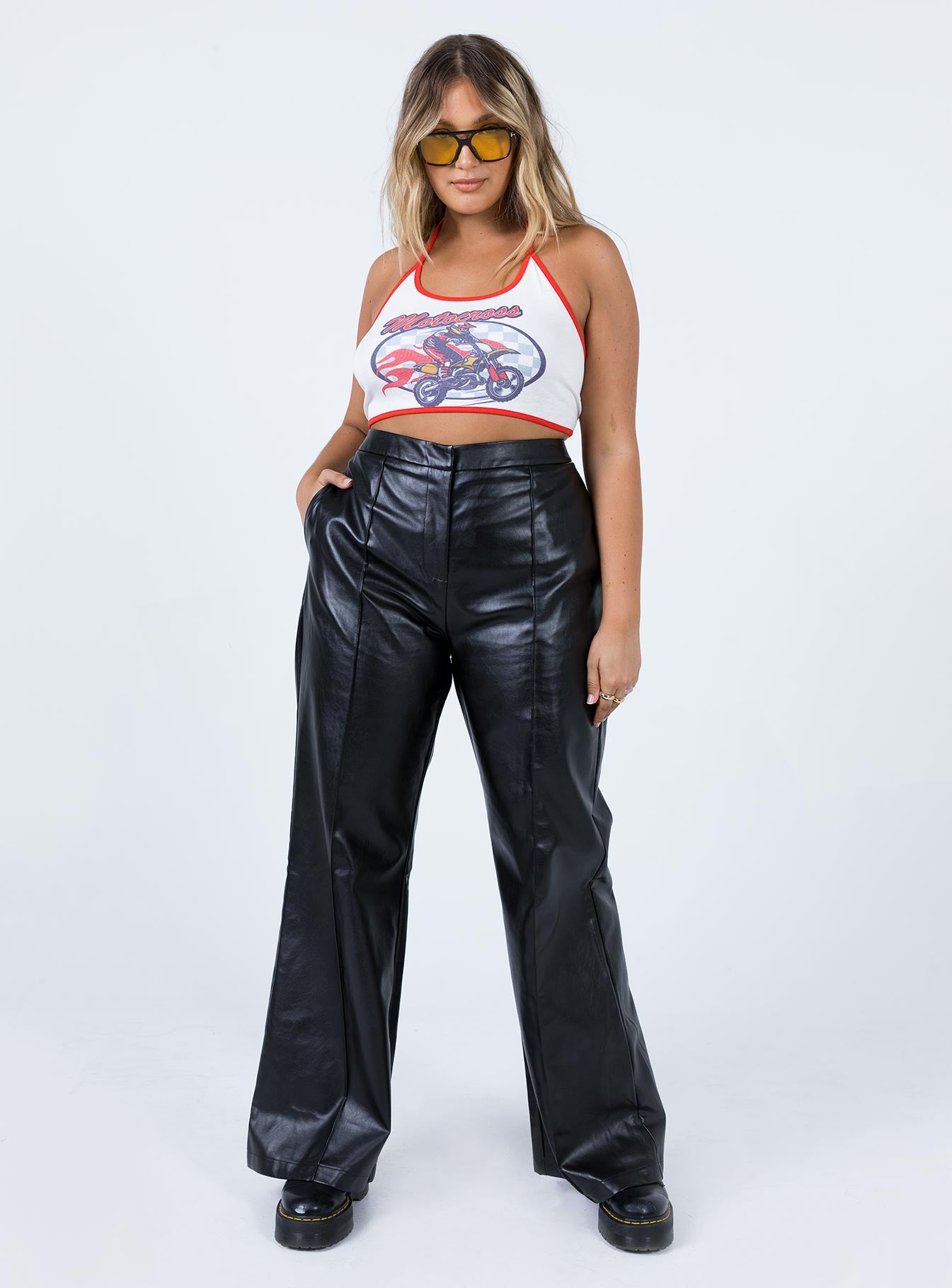 front view of model wearing Princess Polly Motocross Crop White 