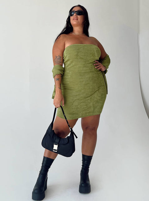 Matching set Soft knit material  Button up shirt Classic collar Button fastening at front Strapless mini dress Elasticated band at bust