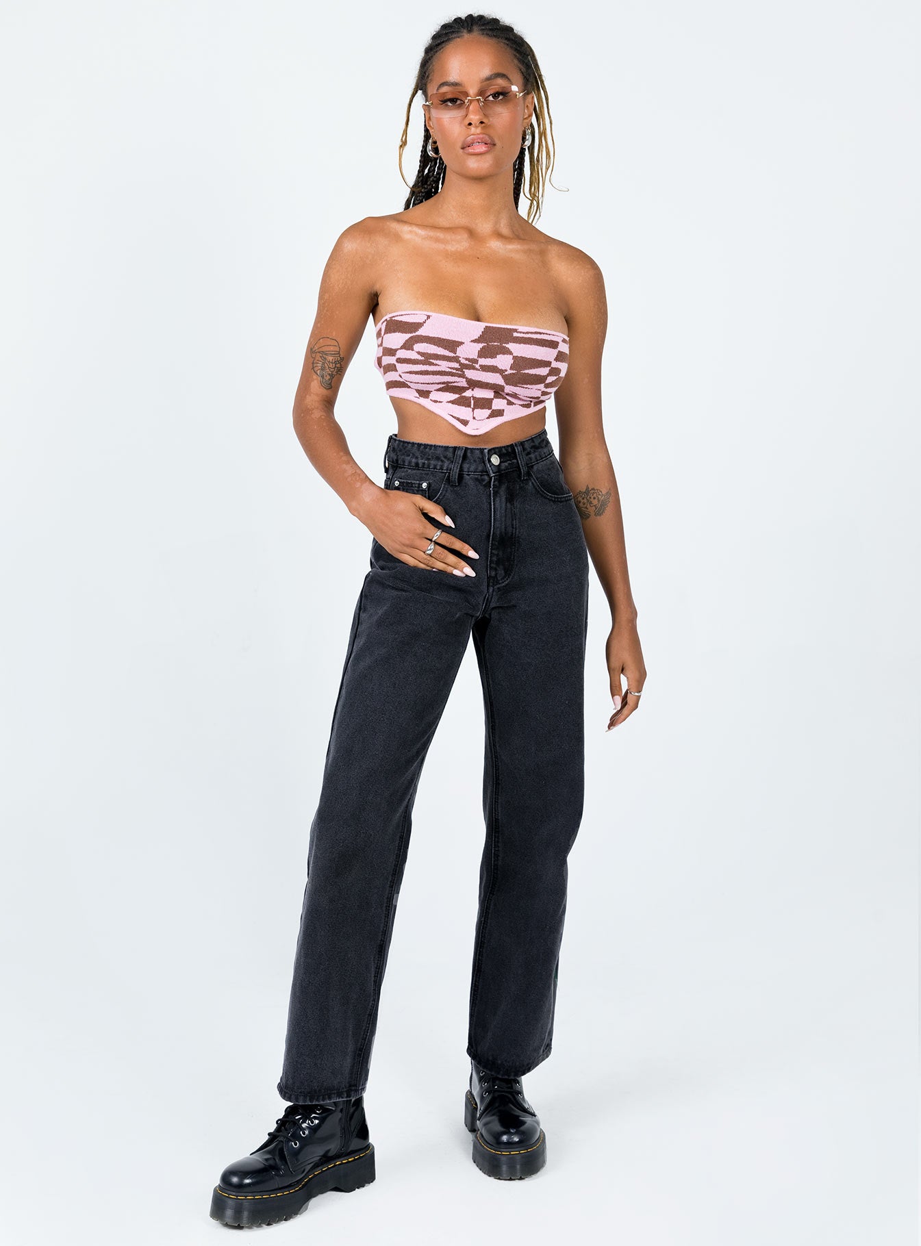 front view of model wearing Princess Polly Henley Denim Jeans Black High Waisted 