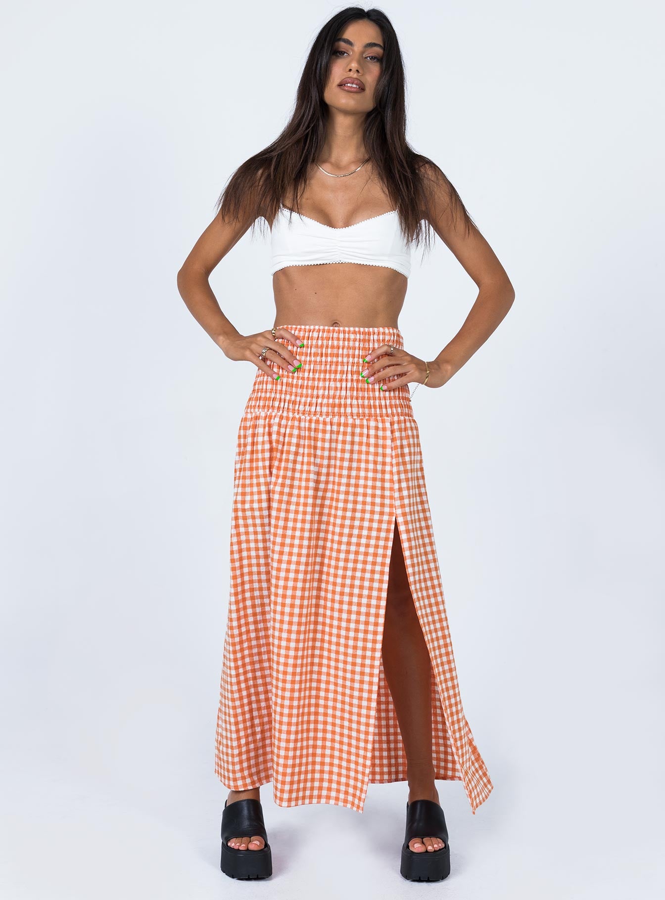   front view of model wearing Princess Polly Jamilla Maxi Skirt Orange 