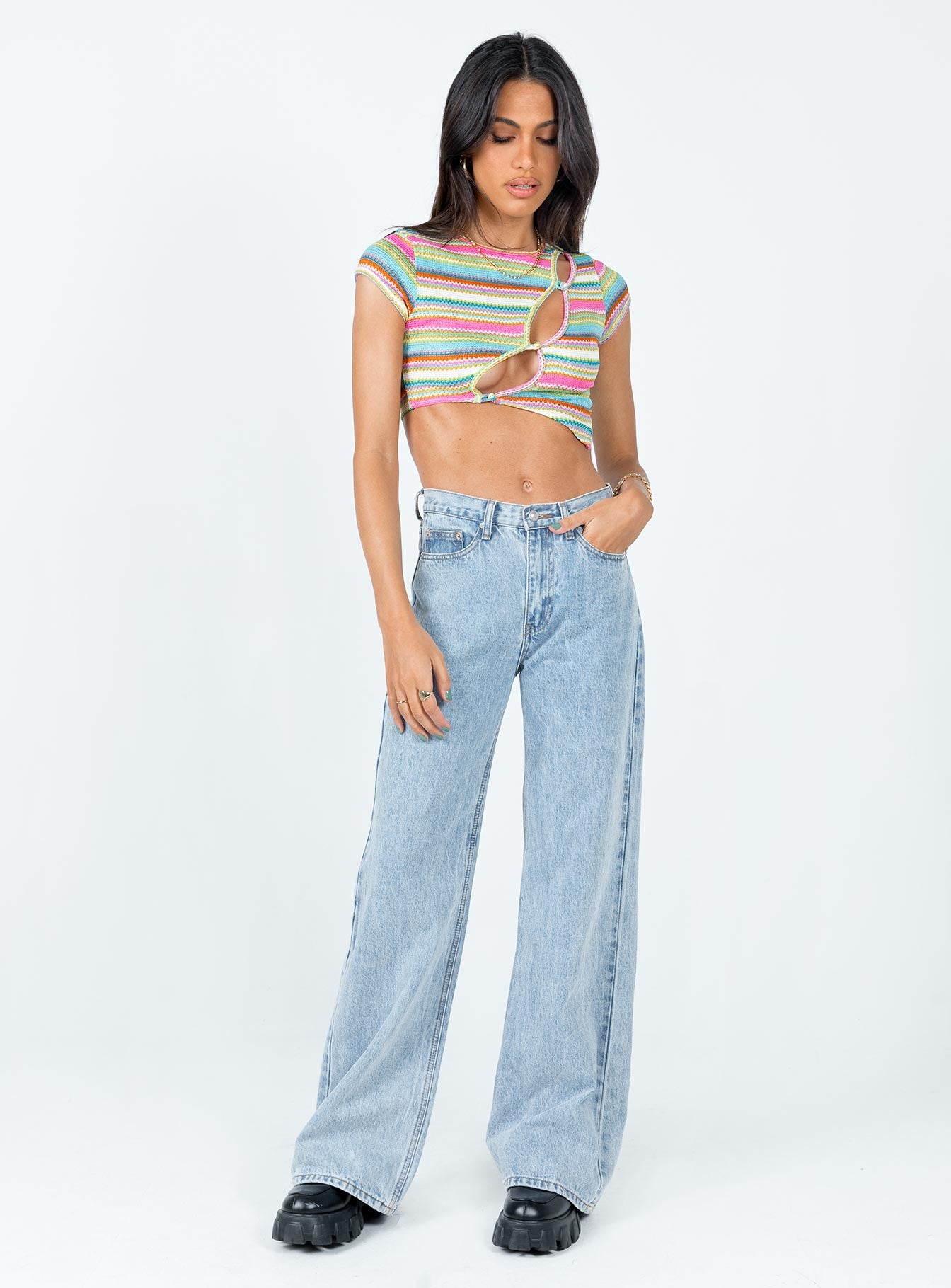 front view of model wearing Princess Polly Dianella Top Multi Sleeveless Crew Neck 