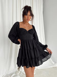 front view of model wearing Princess Polly Danny Long Sleeve Mini Dress Black Sweetheart Neckline 