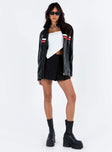 Black jacket Faux leather material Twin press button fastening at neck Zip fastening at front