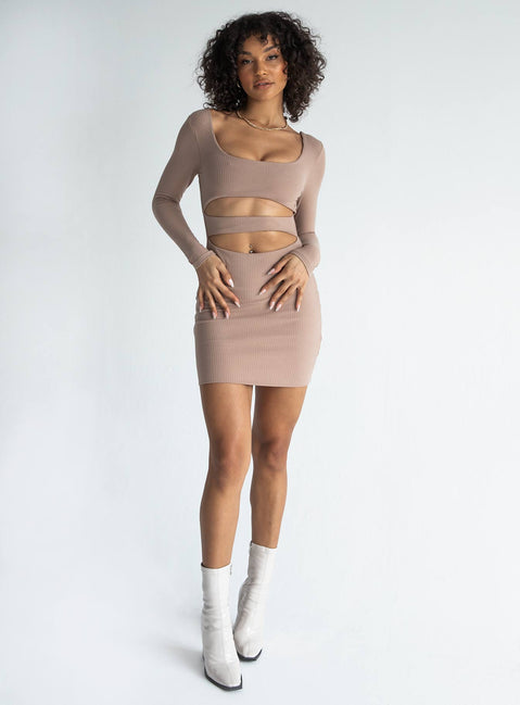 front view of model wearing Princess Polly Taurus Mini Dress Beige 