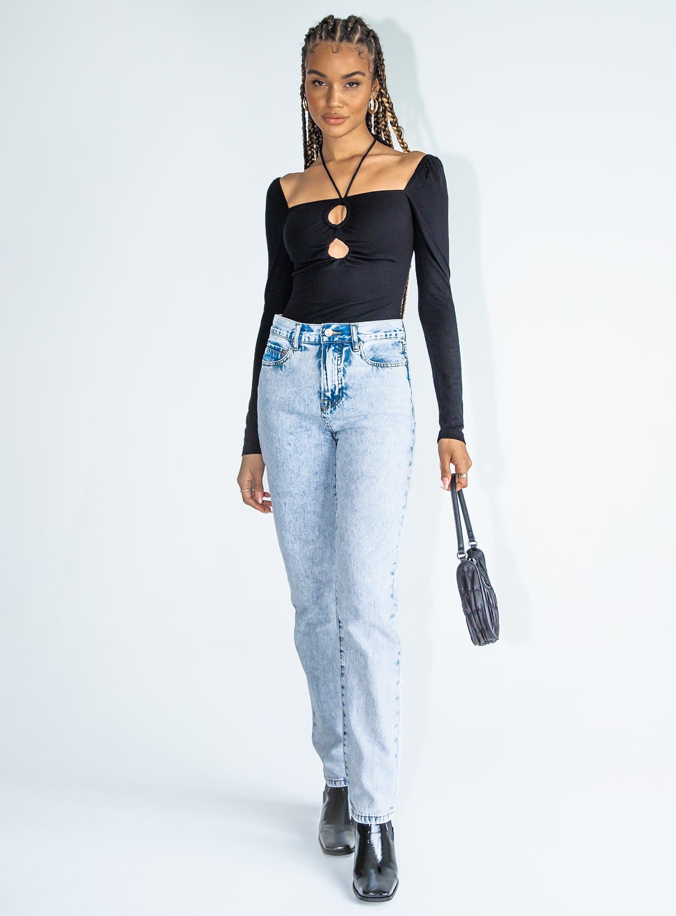 front view of model wearing Princess Polly Glow Up Bodysuit Black Full Sleeves Square Neck 