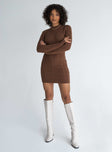 front view of model wearing Princess Polly Zion Long Sleeve Mini Dress Brown 