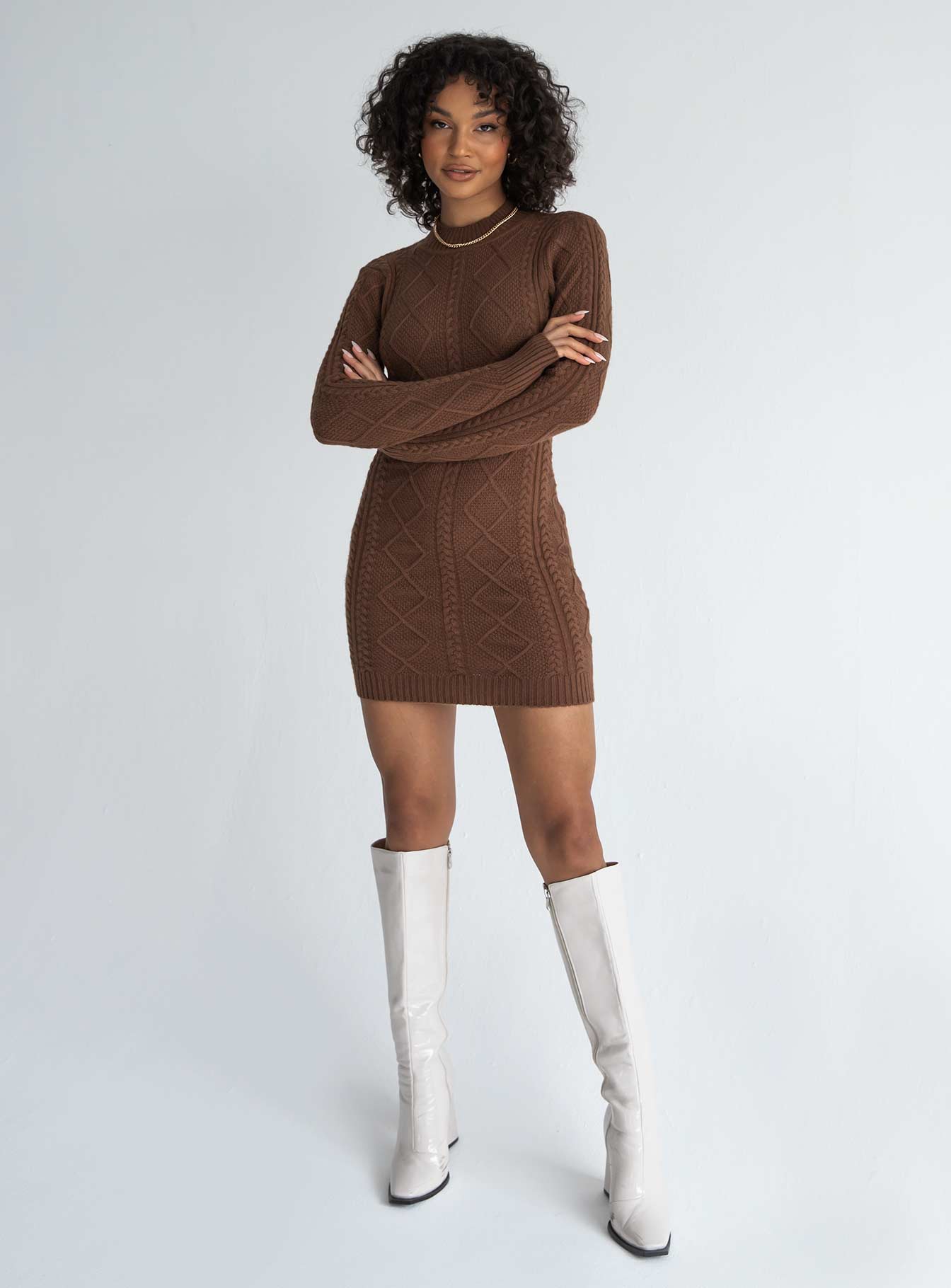 front view of model wearing Princess Polly Zion Long Sleeve Mini Dress Brown 