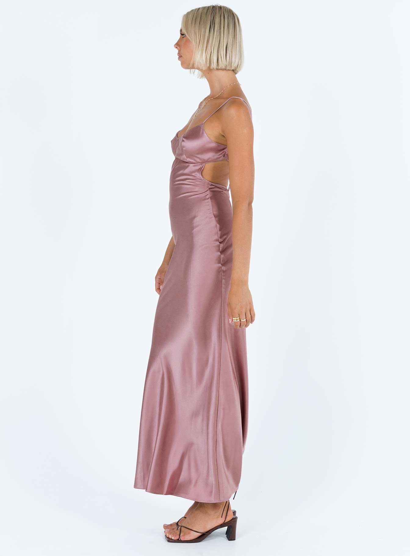 Front view of model wearing  front Princess Polly High Neck  Long Nights Maxi Dress Purple