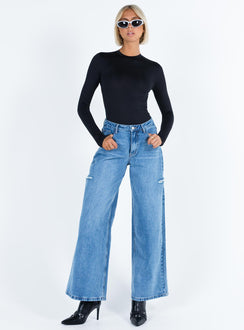 front view of model wearing Princess Polly Tarrick High Neck Bodysuit Black Full Sleeves High Neck 