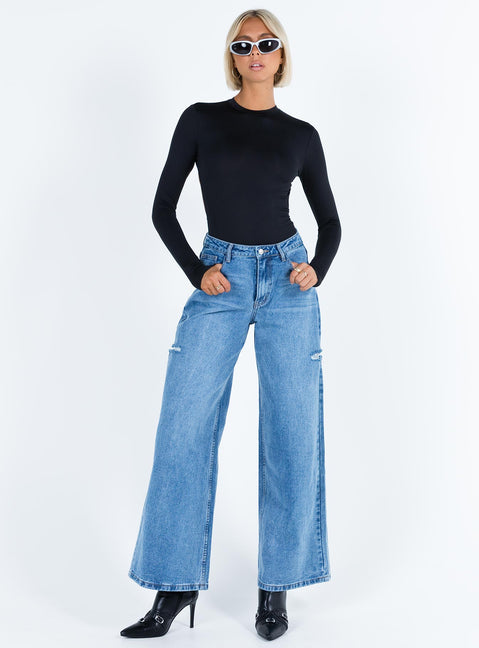 front view of model wearing Princess Polly Tarrick High Neck Bodysuit Black Full Sleeves High Neck 