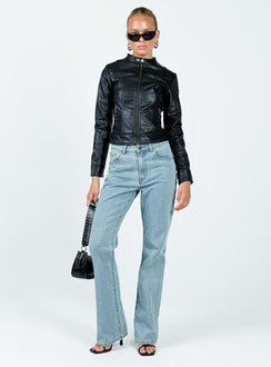 Leather jacket Faux leather material Gold-toned hardware High neck Zip fastening at front