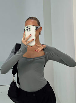 front view of model wearing Princess Polly Kentwell Bolero Bodysuit Slate Full Sleeves 