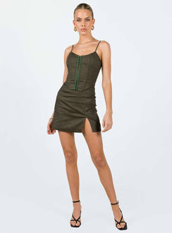 Matching set Corset top Adjustable shoulder straps Hook & eye fastening at front Boning throughout Zip fastening at back Curved hem Mini skirt Invisible zip fastening at back