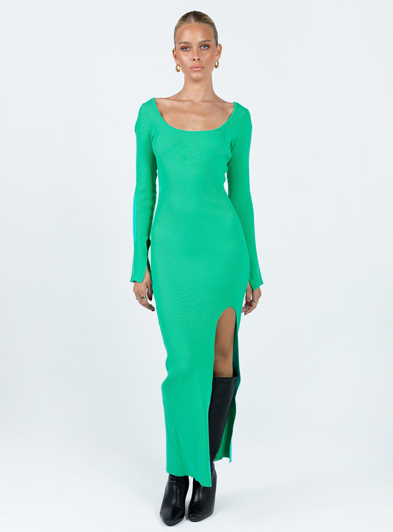 Front view of model wearing  front Princess Polly Crew Neck  Herald Long Sleeve Midi Dress Sage