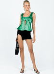 Front view of model wearing  front Princess Polly Sleeveless Asymmetric Neckline  Berlin Satin Top Green