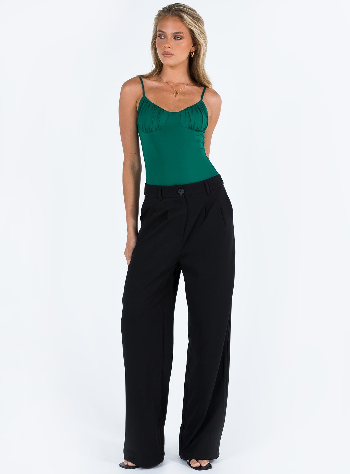 back view of model wearing Princess Polly Levey Bodysuit Green Sleeveless Scoop Neck 