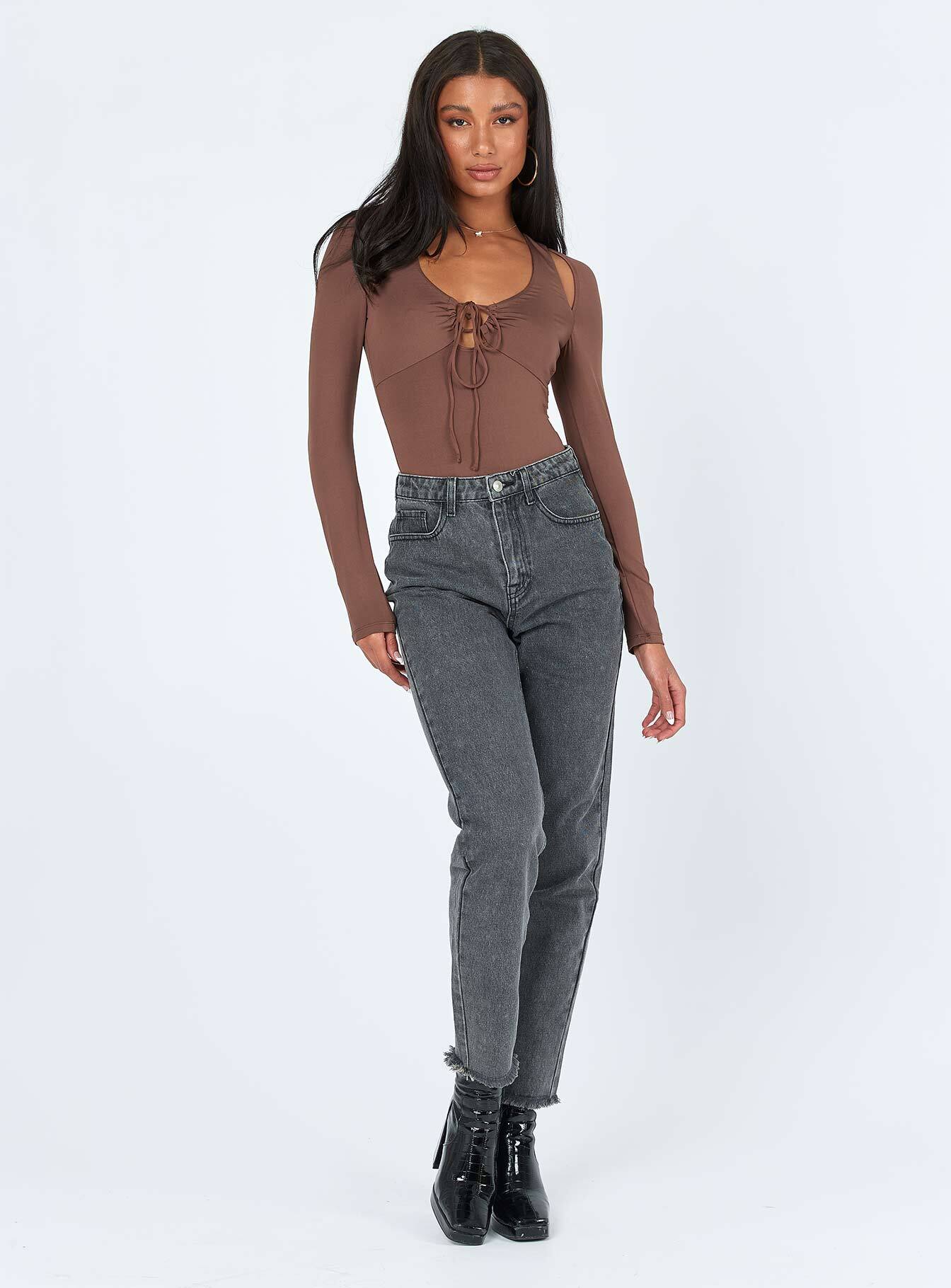 front view of model wearing Princess Polly Valentina Bodysuit Brown Sleeveless Scoop Neck 