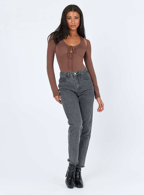 front view of model wearing Princess Polly Valentina Bodysuit Brown Sleeveless Scoop Neck 