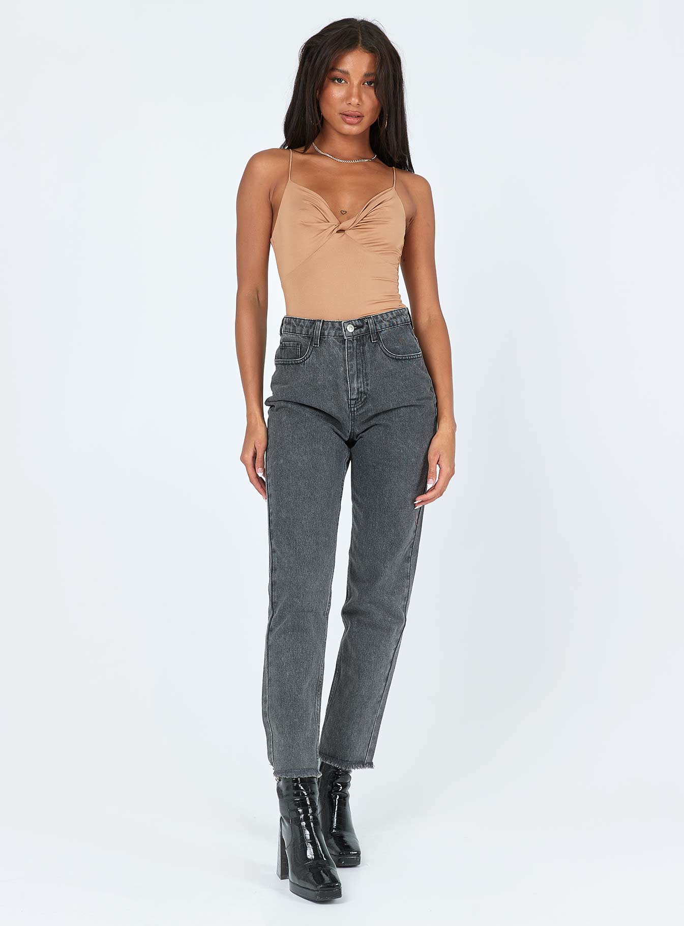 front view of model wearing Princess Polly Tonia Bodysuit Brown Sleeveless V-Neck 