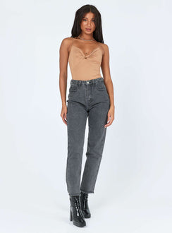 front view of model wearing Princess Polly Tonia Bodysuit Brown Sleeveless V-Neck 