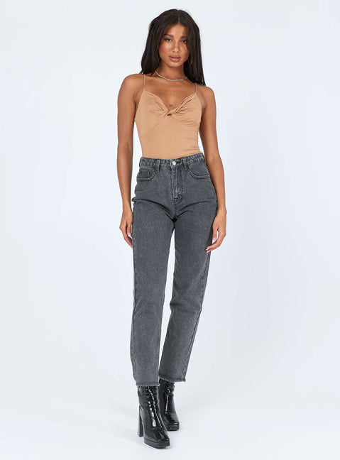 front view of model wearing Princess Polly Tonia Bodysuit Brown Sleeveless V-Neck 