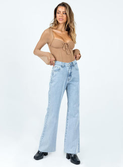 side view of model wearing Princess Polly Jacob Long Sleeve Bodysuit Brown Full Sleeves Sweetheart 