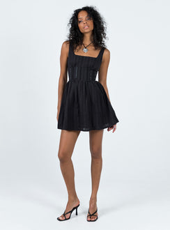 back view of model wearing Princess Polly Lorinda Mini Dress Black Square Neck 