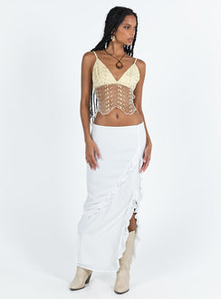 front view of model wearing Princess Polly Cecelia Embroidery Top Gold Sleeveless V-Neck 