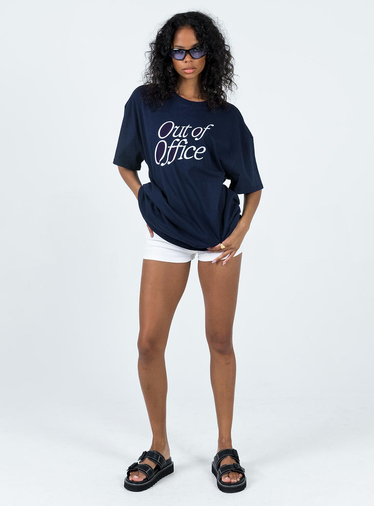 Front view of model wearing  front Princess Polly Short Sleeves Crew Neck  Out Of Office Tee Blue