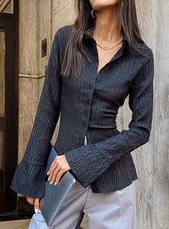 Front view of model wearing  front Princess Polly Full Sleeves V-Neck  Chrisley Shirt Black