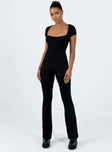 Jumpsuit Rib knit material Open back with tie fastening Good stretch